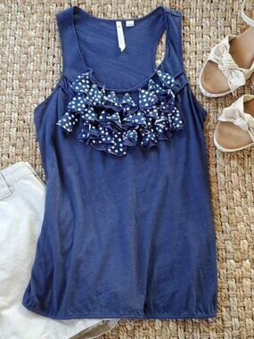 Women’s Blue Tank Top Size Medium Polka Dot Tiers Rockabilly Stretchy Summer Ska